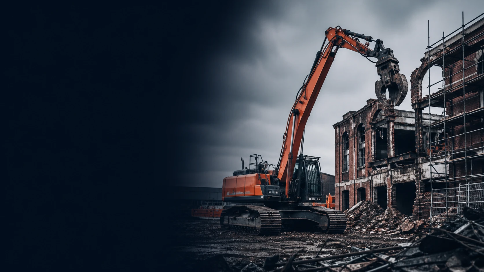 Orange excavator working beside reclaimed brick at a fictional demolition and reclamation yard